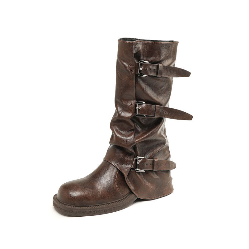 Damen Bikerstiefel mit mehrfachen Zierschnallen, gerafftem Schaft und robuster Profilsohle Shop Nory