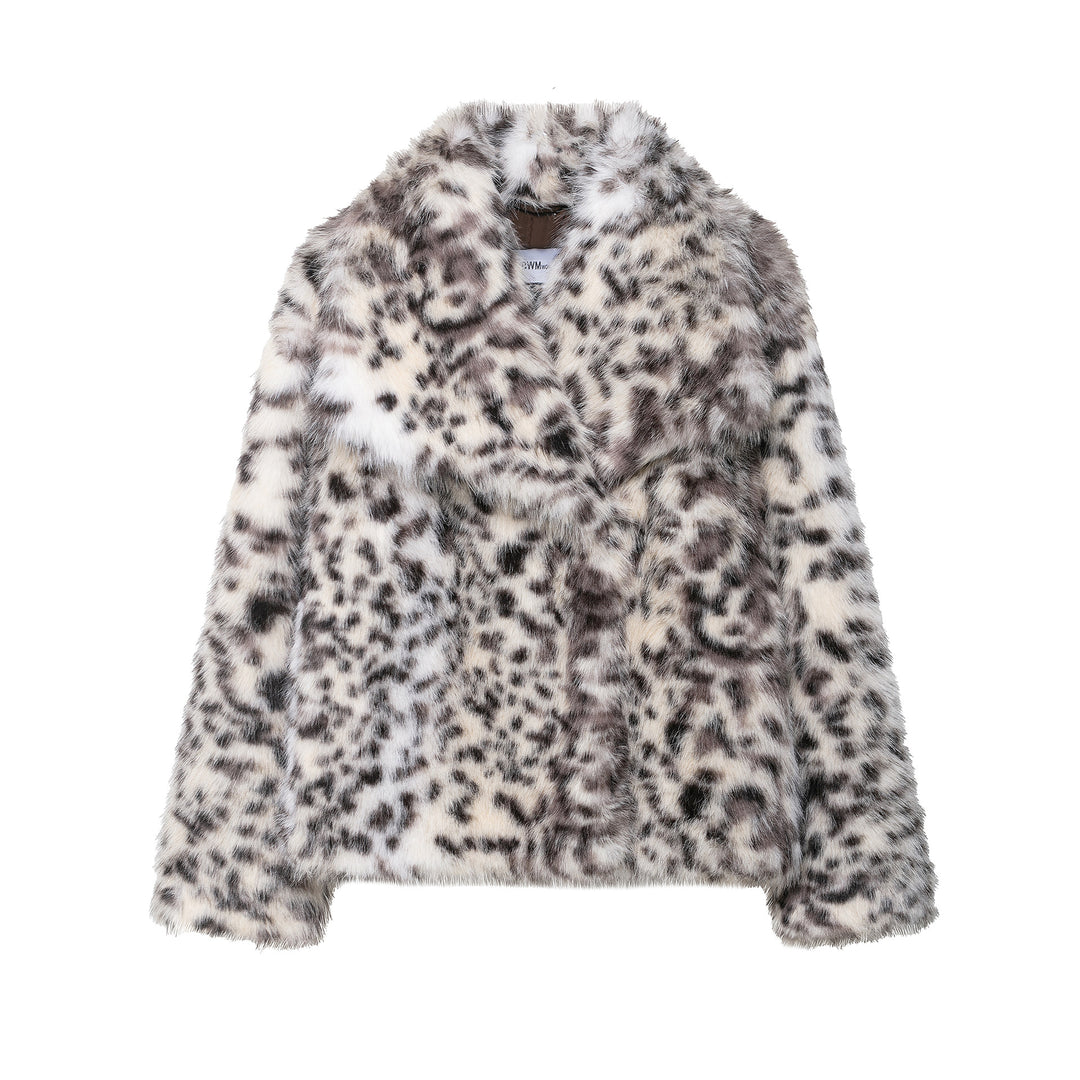 Damen Kurzer Kunstfellmantel mit Leopardenmuster und Schalkragen Shop Nory