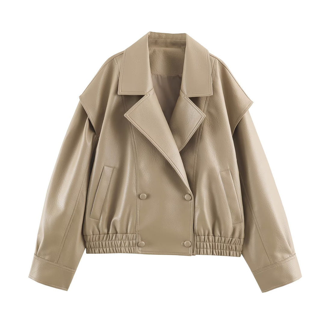 Damen Oversize Kunstlederjacke mit Doppelreihe, weitem Revers und elastischem Saum Shop Nory
