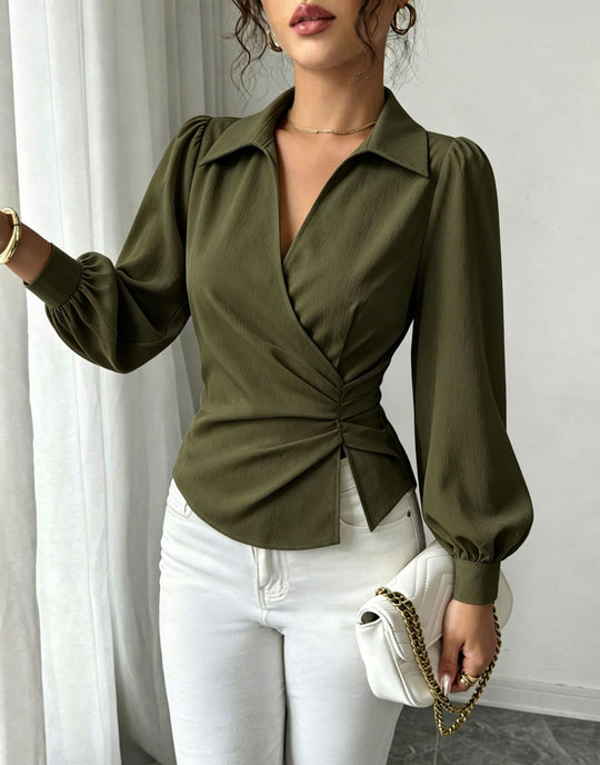 Damen Wickelbluse mit Taillenraffung, Hemdkragen und Ballonärmeln Shop Nory