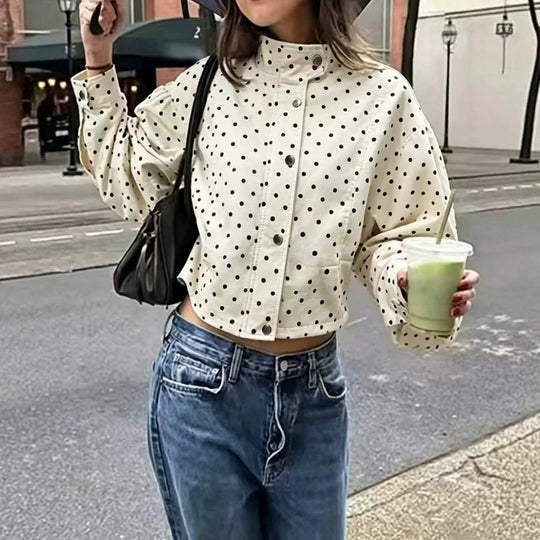 Damen Gepunktete Cropped-Jacke mit Stehkragen, Ballonärmeln und Druckknöpfen Shop Nory