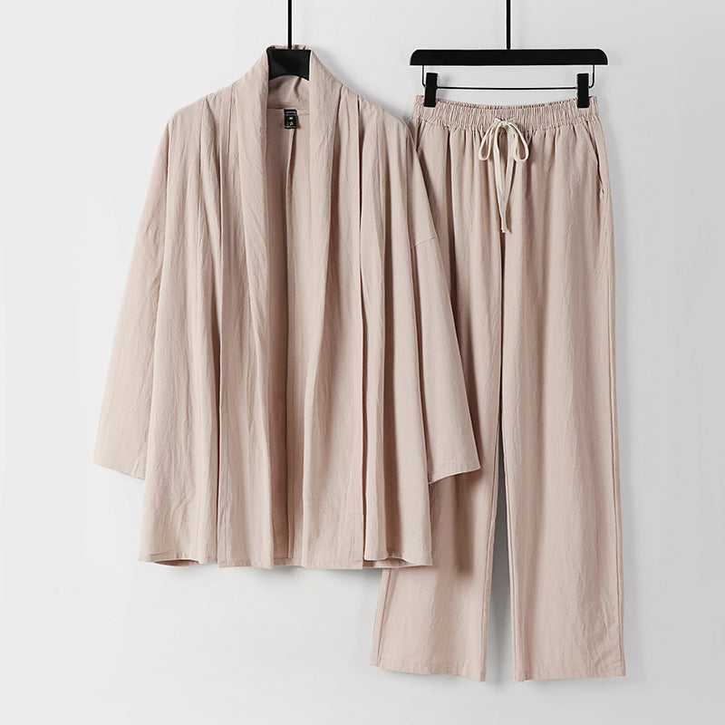 Unisex Lässiges Kimono-Zweiteiler aus atmungsaktivem Leinen-Viskose mit offenem Schalkragen und Kordelbundhose Shop Nory