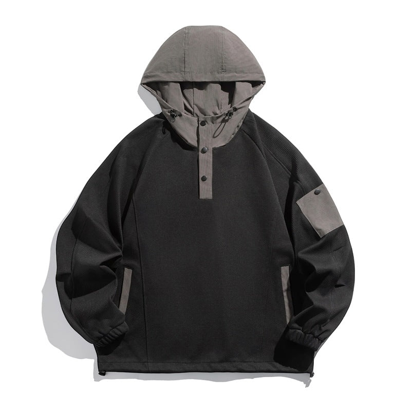Unisex Oversize Kapuzen-Anorak-Pullover mit halber Druckknopfleiste, Utility-Ärmeltasche und Thermostruktur Shop Nory