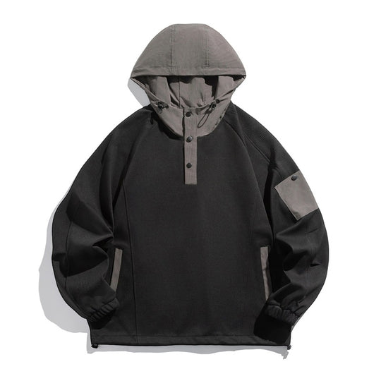 Unisex Oversize Kapuzen-Anorak-Pullover mit halber Druckknopfleiste, Utility-Ärmeltasche und Thermostruktur Shop Nory