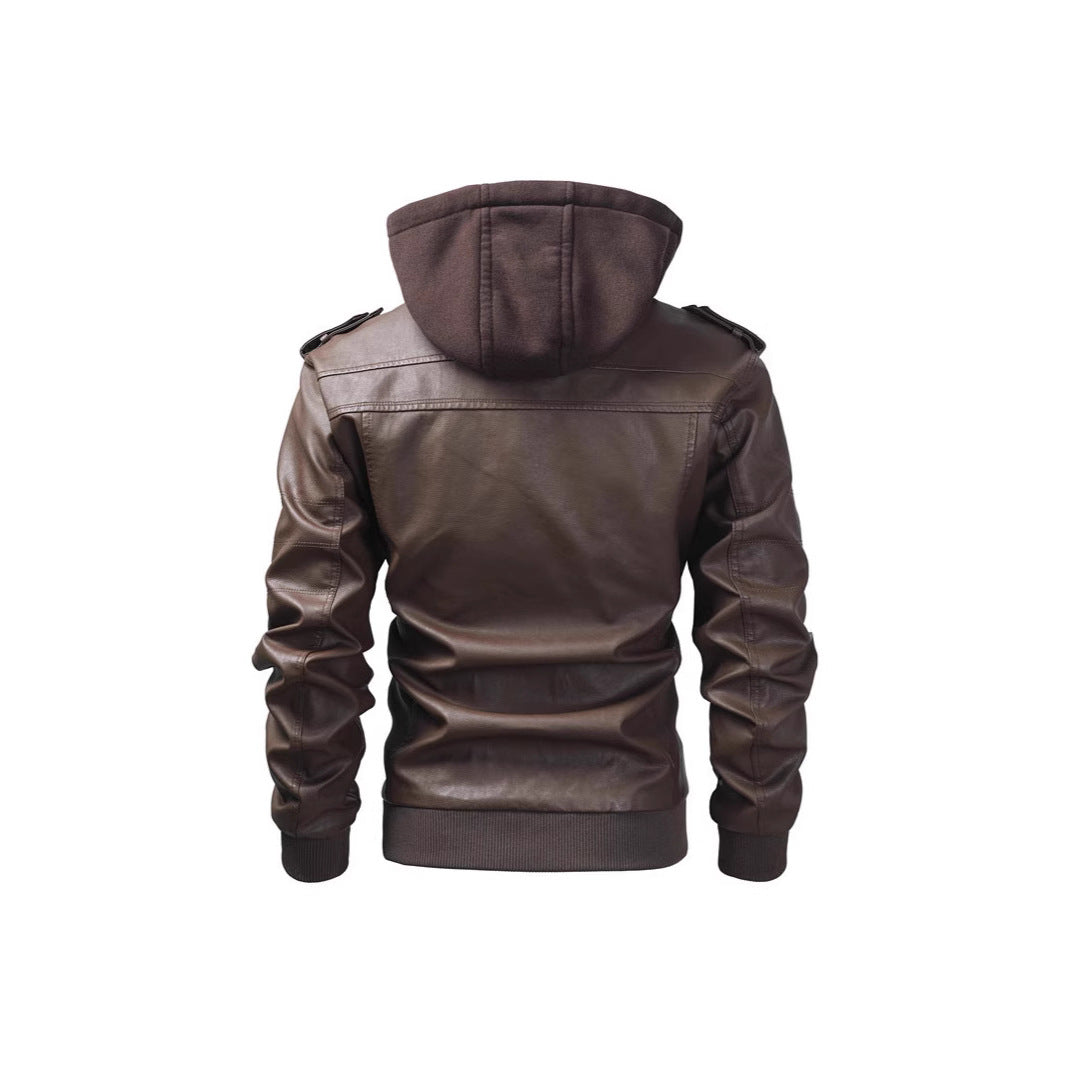Herren Kunstlederjacke mit abnehmbarer Kapuze und Multifunktions-Taschen Shopnory