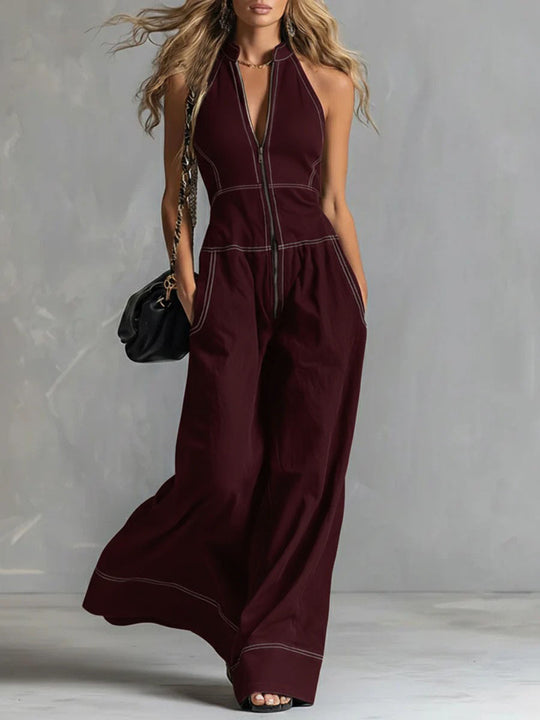 Damen Ärmelloser Halter-Jumpsuit mit Reißverschluss, weitem Bein und Eingrifftaschen Shop Nory