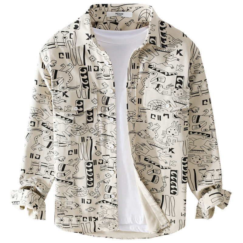 Herren Leichtes Baumwoll-Overshirt mit künstlerischem Linien-Print und doppelter Brusttasche Shop Nory