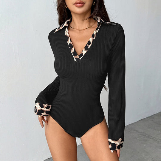 Damen Eleganter Langarm Bodys mit Leopardenkragen Shop Nory