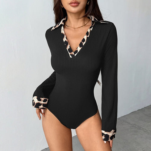 Damen Eleganter Langarm Bodys mit Leopardenkragen Shop Nory