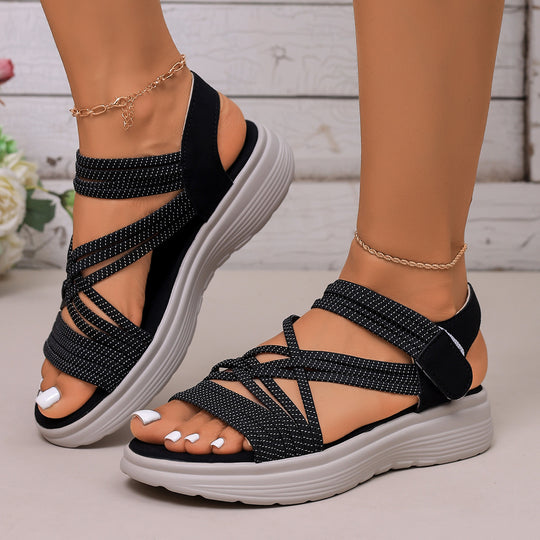 Damen Gepolsterte Plateau-Sandalen mit elastischen Flechtriemen und Klettverschluss Shop Nory