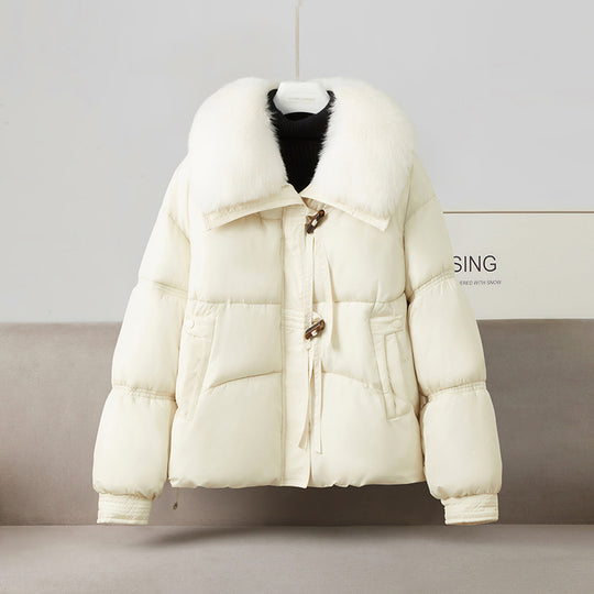 Damen nan kurze Steppluftjacke mit voluminösem Webpelzkragen, Knebelverschluss und formstabiler Taillenlinie Shop Nory