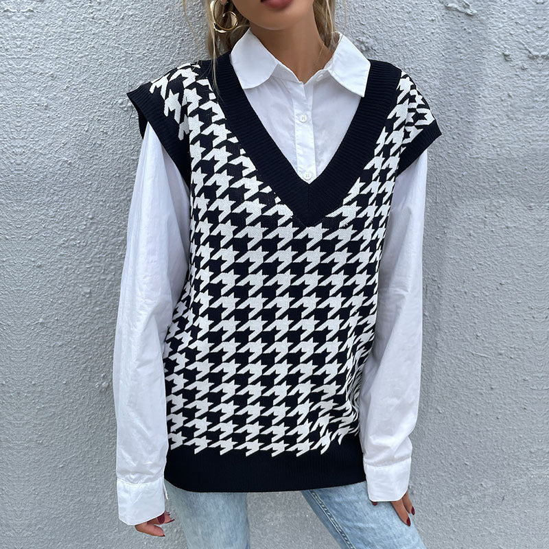 Damen Hochwertiger Strickpullover mit V-Ausschnitt und Hahnentrittmuster Shop Nory