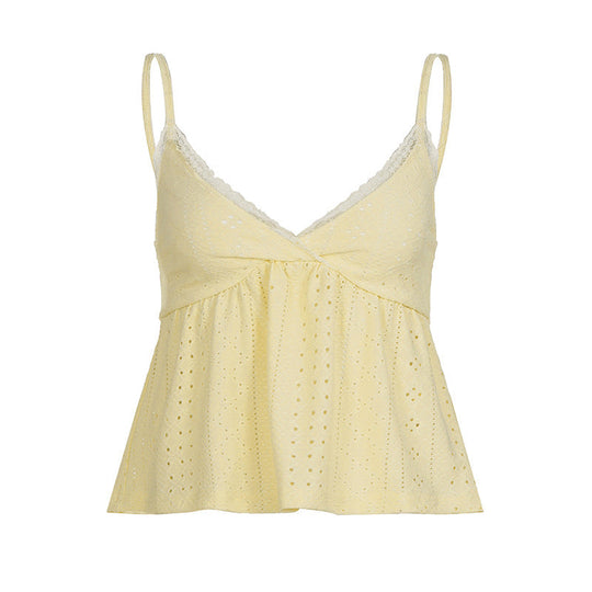 Damen Spaghetti-Trägertop mit feinem Spitzendetail und luftiger Baumwollstruktur