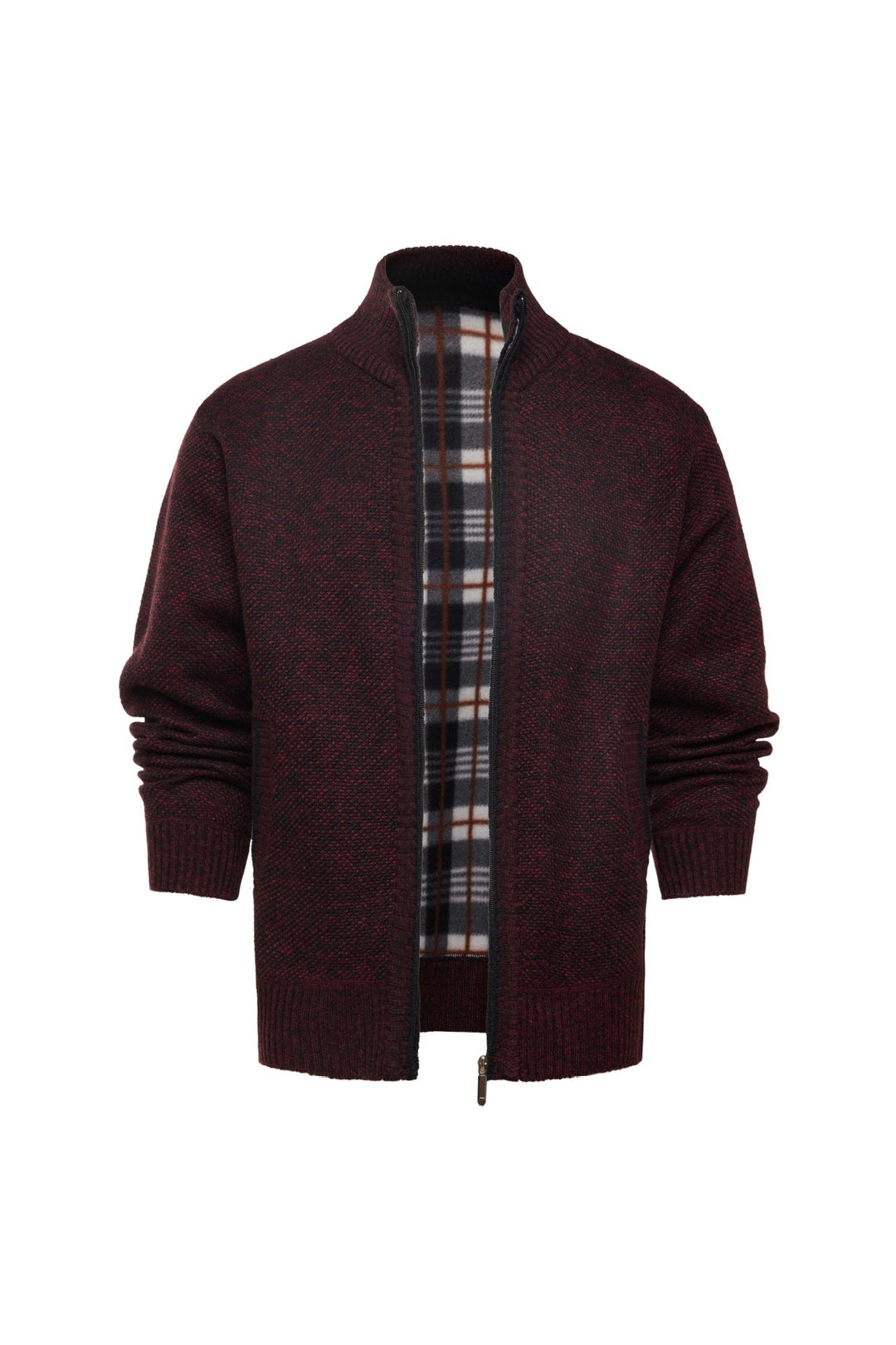 Herren gebürstete Strickjacke mit kariertem Thermofutter und Stehkragen Shop Nory