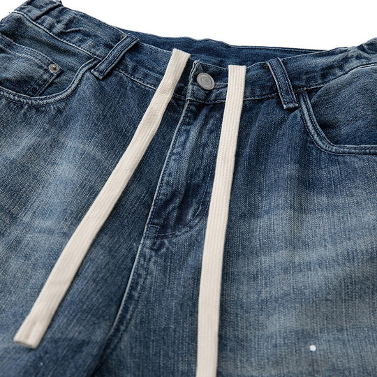 Damen Weit geschnittene High‑Waist Jeans mit Kordelzug, Farb‑Sprenkel und Used‑Waschung Shop Nory