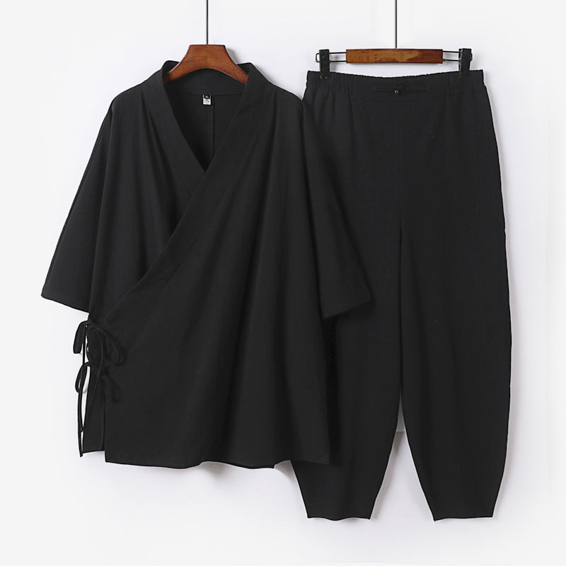 Unisex Leichtes Wickel-Lounge-Set im Kimono-Stil mit seitlichen Bindebändern und elastischer konisch zulaufender Hose Shop Nory