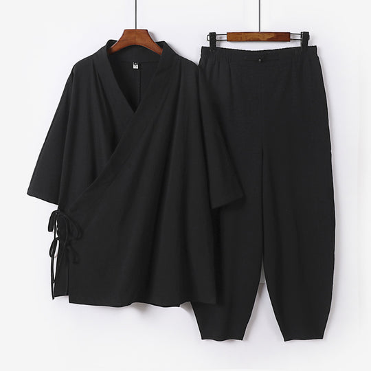 Unisex Leichtes Wickel-Lounge-Set im Kimono-Stil mit seitlichen Bindebändern und elastischer konisch zulaufender Hose Shop Nory