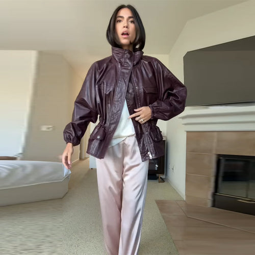Damen Wasserabweisende Kunstleder-Utility-Jacke mit Stehkragen und aufgesetzten Pattentaschen Shop Nory