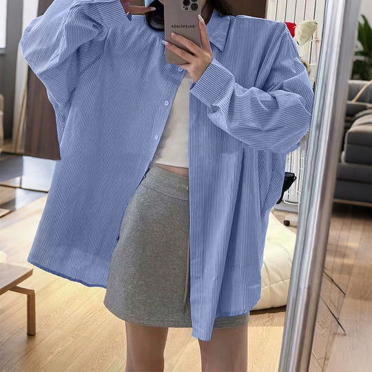 Damen nan oversized Hemd mit feiner Nadelstreifenstruktur, Kentkragen, abgerundetem Saum und geknöpften Manschetten Shop Nory