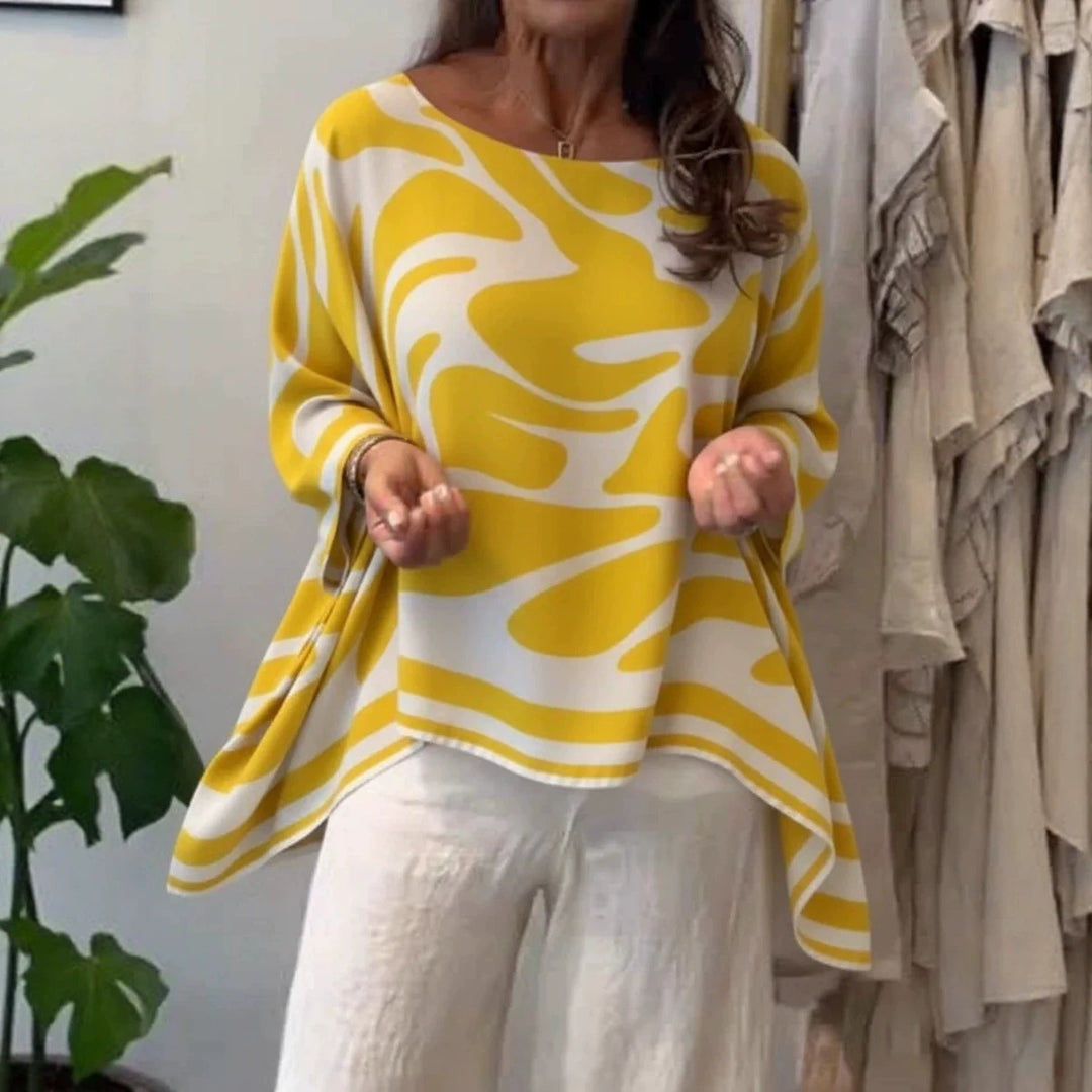 Damen Oversize Sommerbluse mit abstraktem Print, Fledermausärmeln und asymmetrischem Saum Shop Nory