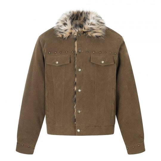 Herren Kurzjacke aus Velourslederimitat mit Kunstfellkragen und Nieten-Details Shop Nory