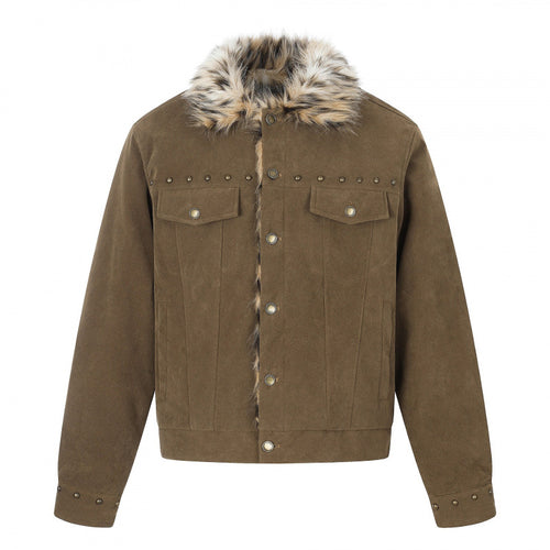 Herren Kurzjacke aus Velourslederimitat mit Kunstfellkragen und Nieten-Details Shop Nory