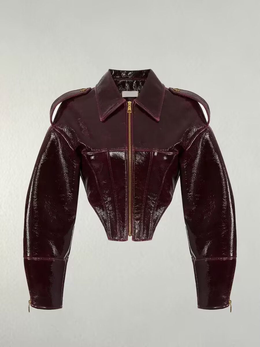 Damen kurz geschnittener Lackoptik-Blouson mit tailliertem Korsett-Schnitt Shop Nory