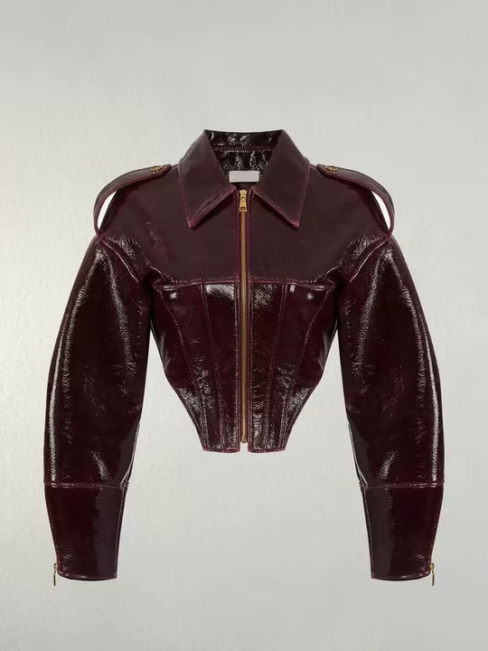 Damen kurz geschnittener Lackoptik-Blouson mit tailliertem Korsett-Schnitt Shop Nory