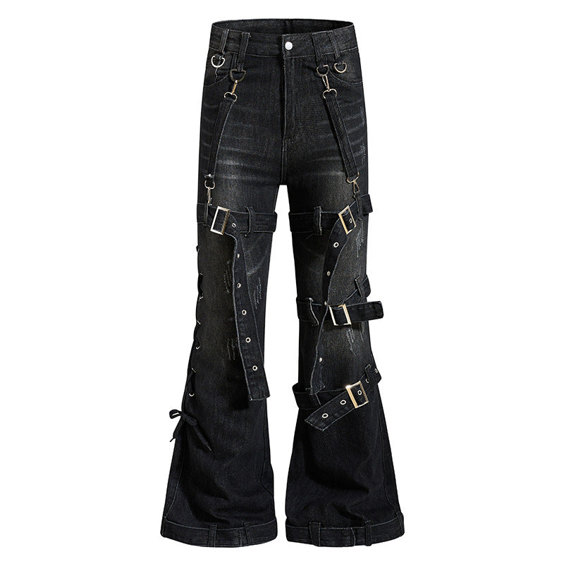 Damen Bondage-Flared-Jeans mit dekorativen Schnallen, Riemen und Used-Look Shop Nory