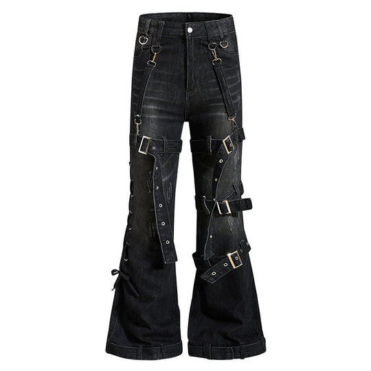 Damen Bondage-Flared-Jeans mit dekorativen Schnallen, Riemen und Used-Look Shop Nory
