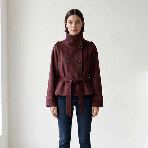 Damen Taillierte Kurzjacke in Wildlederoptik mit Doppelreiher und Stehkragen Shop Nory