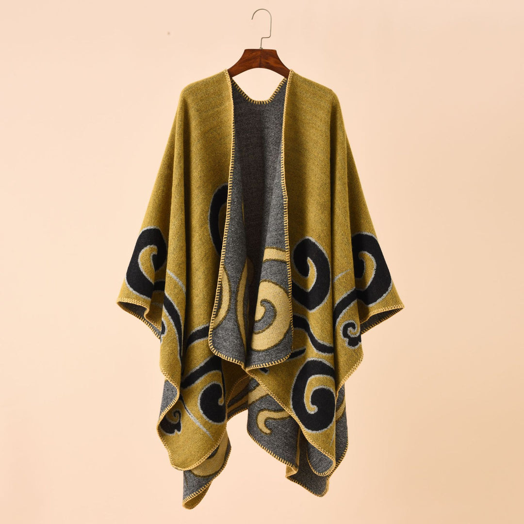 Damen Wollmix-Capeponcho im Ruana-Schnitt mit ornamentaler Intarsienstruktur Shop Nory