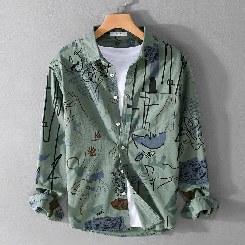 Herren Lockeres Hemdjacken-Overshirt mit abstraktem Skizzenprint, Brusttasche und weichem Baumwollgriff Shop Nory