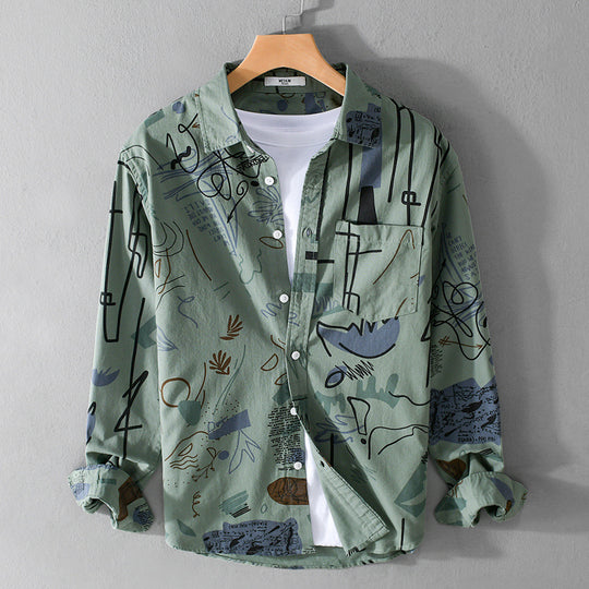 Herren Lockeres Hemdjacken-Overshirt mit abstraktem Skizzenprint, Brusttasche und weichem Baumwollgriff Shop Nory