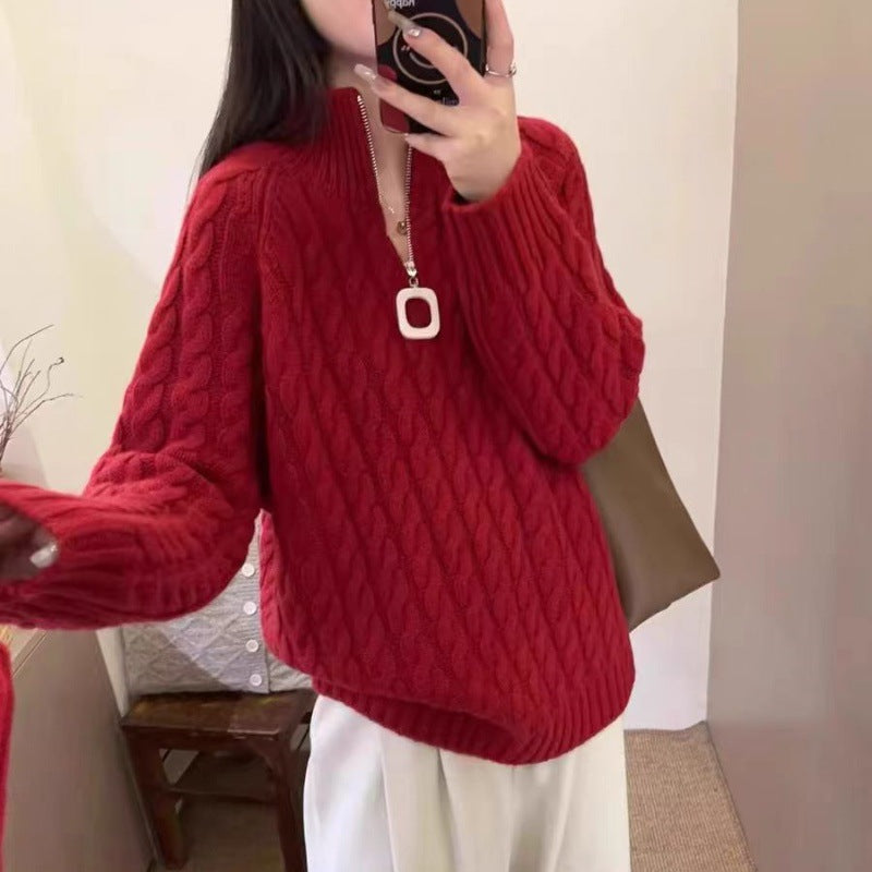 Damen Oversize Zopfmuster-Feinstrickpullover mit halbem Zipper und Stehkragen Shop Nory