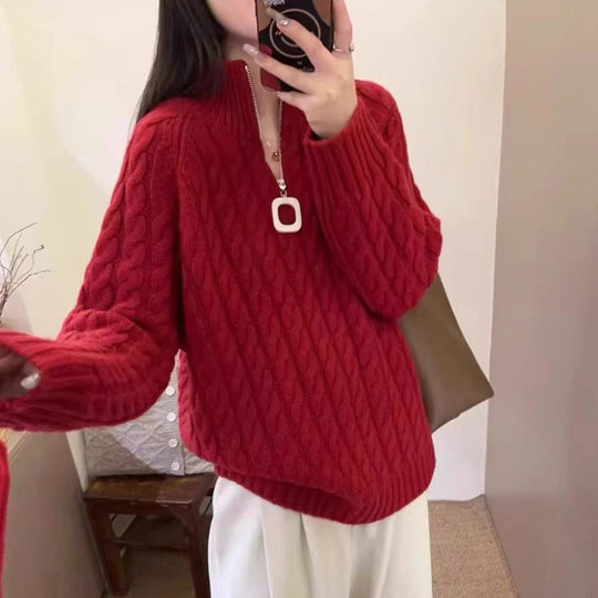 Damen Oversize Zopfmuster-Feinstrickpullover mit halbem Zipper und Stehkragen Shop Nory