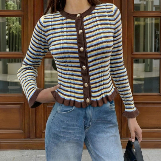 Damen Gerippte Kurzcardigan mit Rüschenbündchen & Statement‑Knöpfen Shop Nory