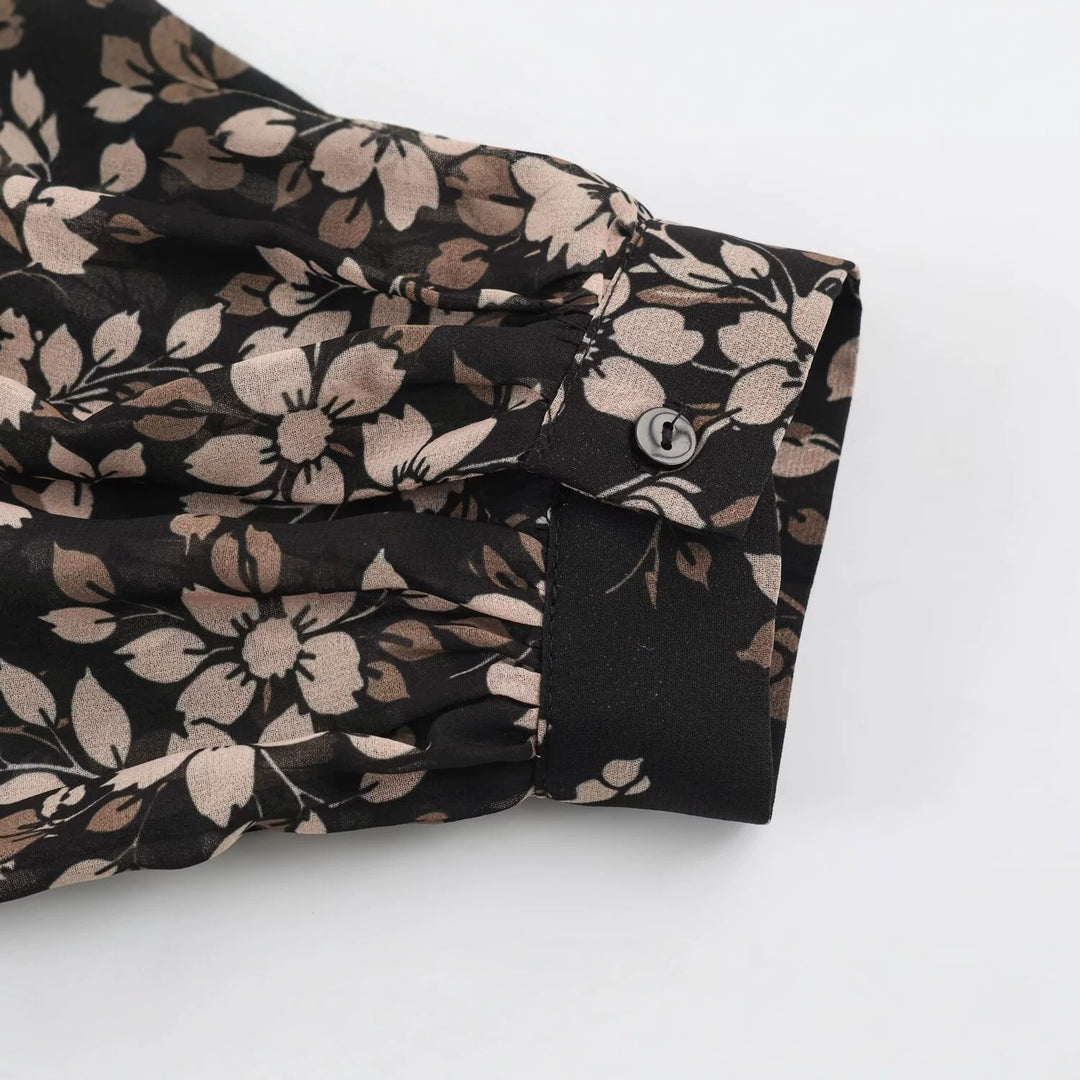 Damen Geblümtes Midikleid mit Faltenoberteil, Stehkragen und Ballonärmeln Shop Nory