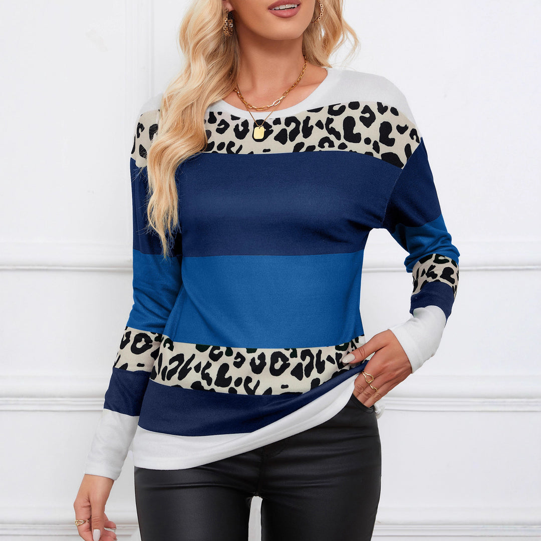 Damen Gestreiftes Langarm-Strickshirt mit Leoprint-Einsätzen und Rundhalsausschnitt Shop Nory