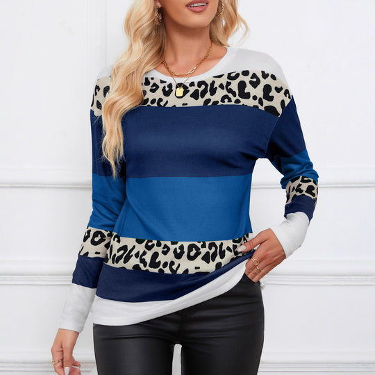 Damen Gestreiftes Langarm-Strickshirt mit Leoprint-Einsätzen und Rundhalsausschnitt Shop Nory