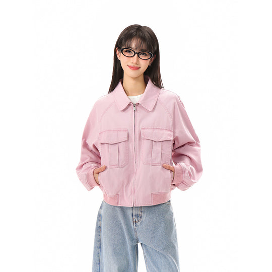 Damen Kurz geschnittene Boxy-Blousonjacke aus Baumwollmix mit Pattentaschen und durchgehendem Reißverschluss Shop Nory