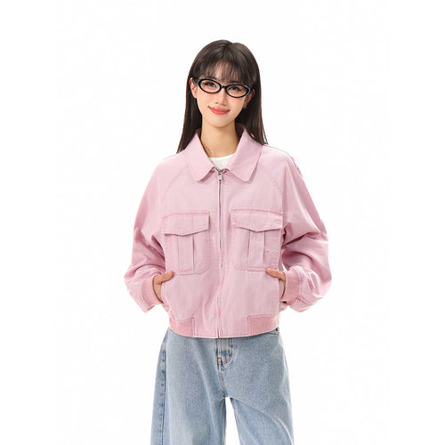 Damen Kurz geschnittene Boxy-Blousonjacke aus Baumwollmix mit Pattentaschen und durchgehendem Reißverschluss Shop Nory