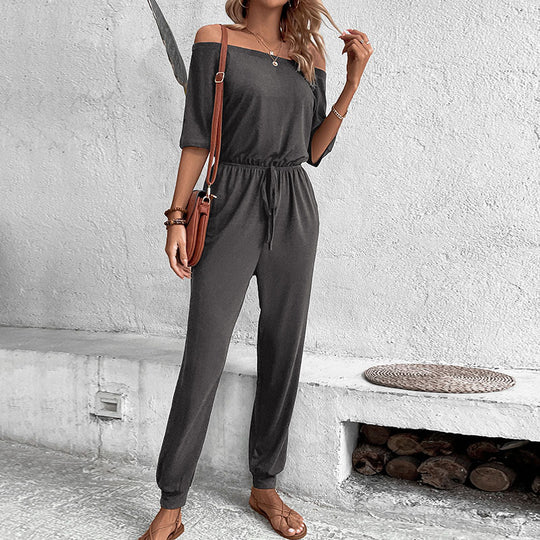 Damen Schulterfreier Lässiger Overall mit Tunnelzugbund und langen Hosenbeinen Shop Nory