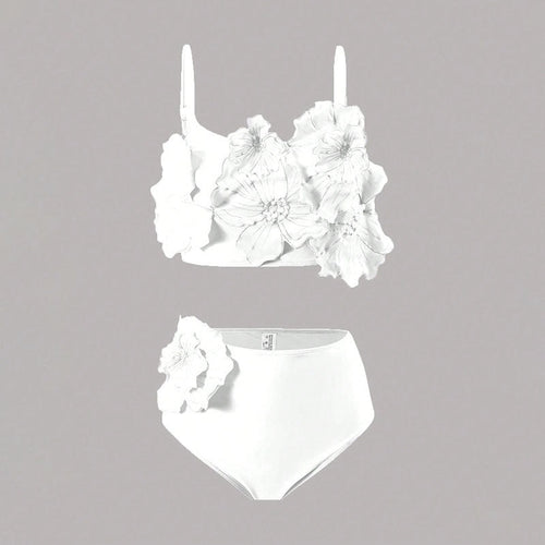 Damen Bikini-Set mit floralem 3D-Design und hochgeschnittenem Unterteil
