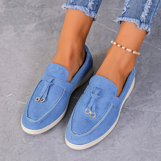 Damen Slipper-Loafer aus Velourslederoptik mit dekorativem Knotenriemen und leicht profilierter Gummisohle Shop Nory