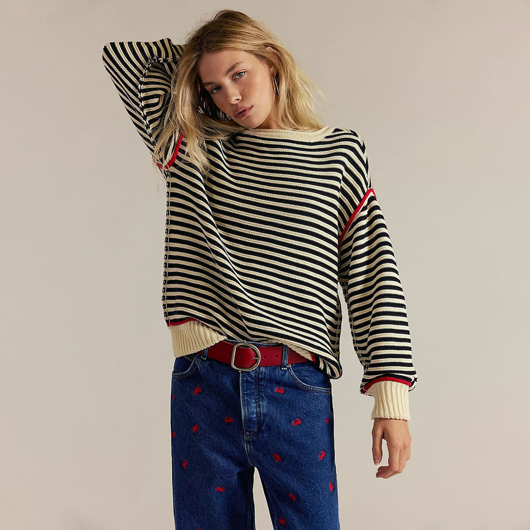 Damen Oversize Ringelstrickpullover mit weitem Schnitt, Bündchen & kontrastierenden Paspeln Shop Nory