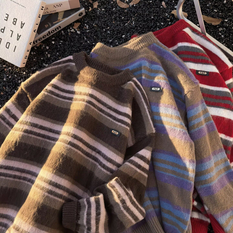 Unisex Gestreifter Oversize-Mohair‑Optik Pullover mit Rundhals und weicher Struktur Shop Nory