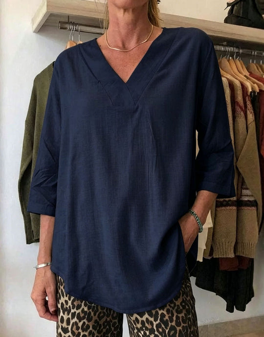 Damen Leichte Oversize V-Ausschnitt Tunika in Leinenoptik mit dreiviertel Ärmeln und abgerundetem Saum Shop Nory
