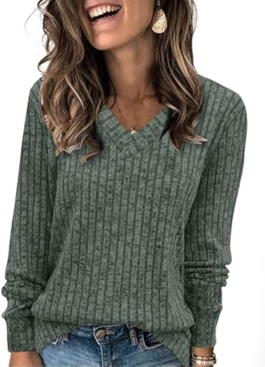 Damen gerippter V‑Ausschnitt Feinstrickpullover mit längerem Arm Shop Nory