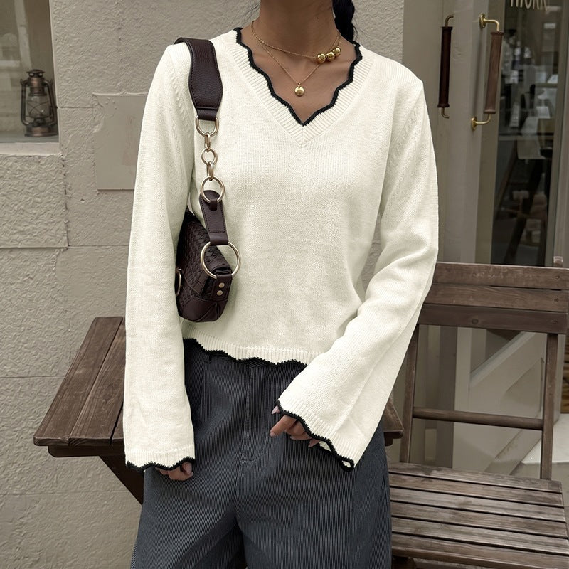 Damen Cropped V‑Ausschnitt Feinstrickpullover mit gewellter Kontrastkante Shop Nory